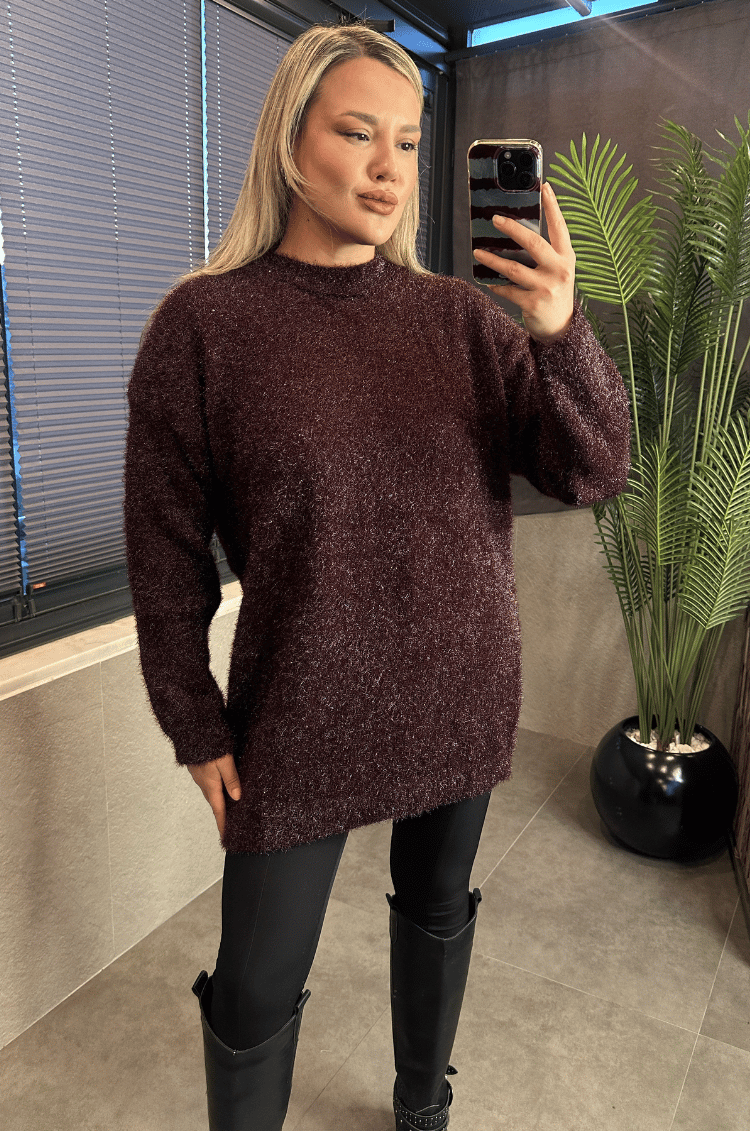 Premium Işıltı Bordo Oversize Sakallı Kazak