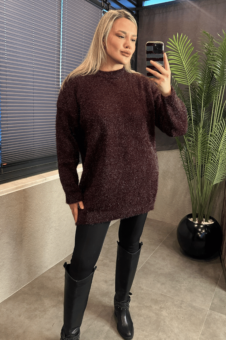 Premium Işıltı Bordo Oversize Sakallı Kazak