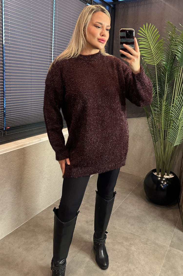 Premium Işıltı Bordo Oversize Sakallı Kazak