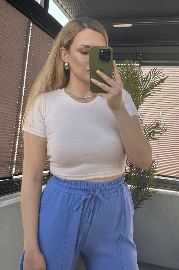 Pudra Pembe Yarım Kollu Slim Basic Crop