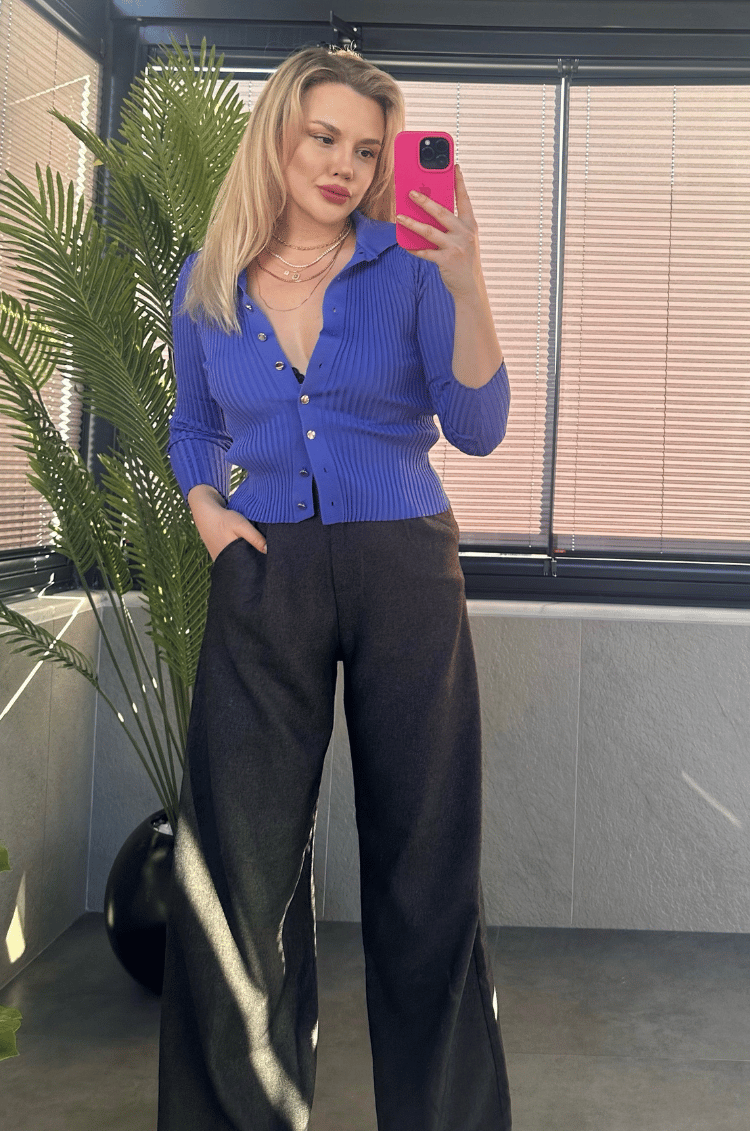 Saks Mavi Fitilli Likralı İnce Triko