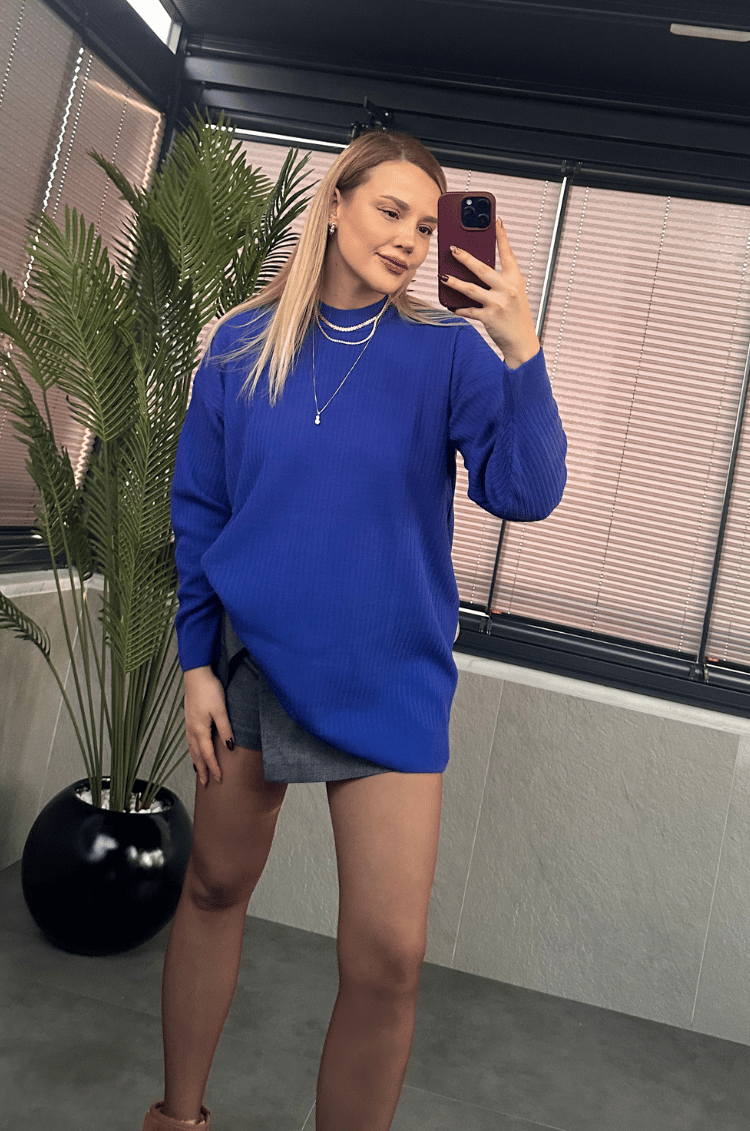 Saks Mavi Yarı Boğazlı Fitilli Oversize Kazak