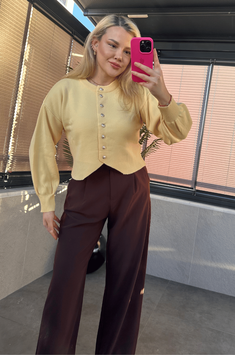 Sarı Fit Kesim Crop Hırka