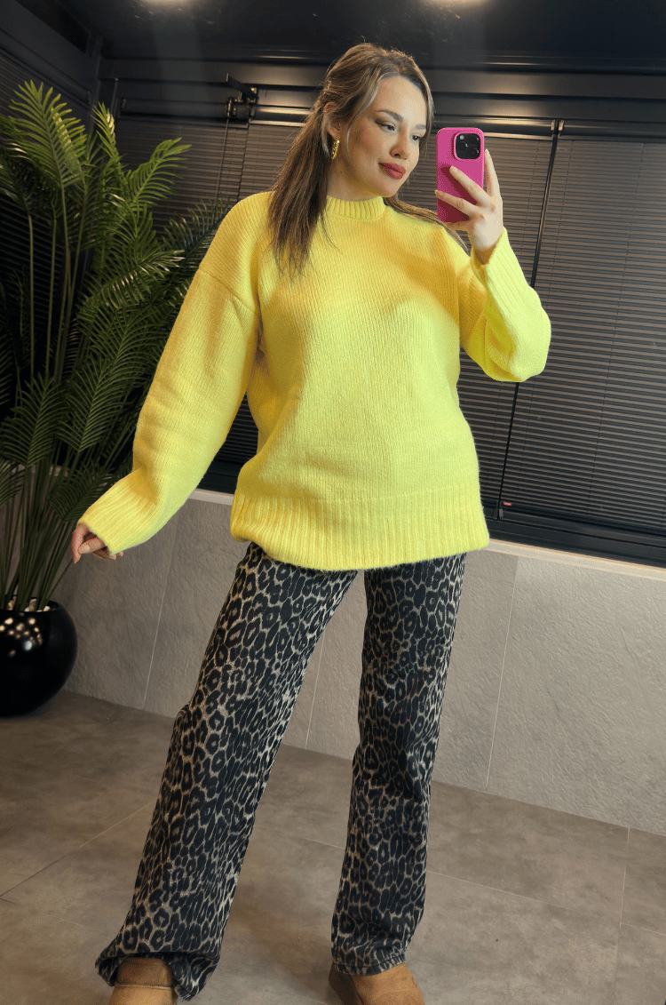 Sarı Oversize Bisiklet Yaka Yumoş Uzun Kazak