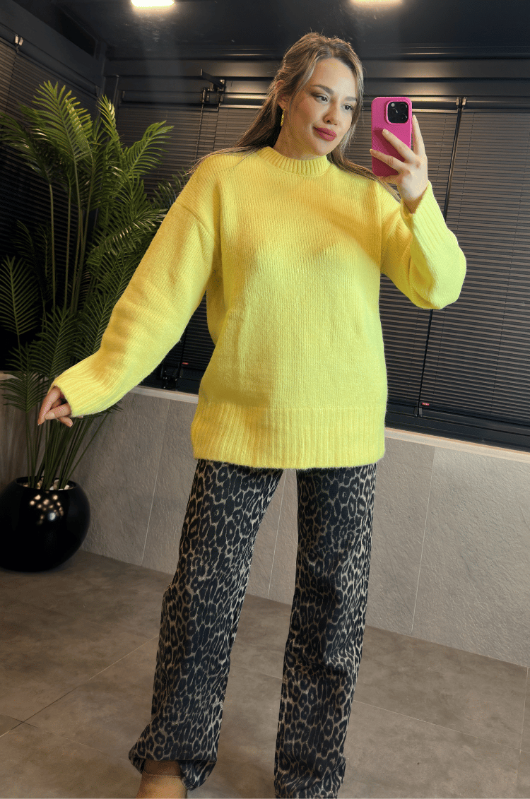 Sarı Oversize Bisiklet Yaka Yumoş Uzun Kazak