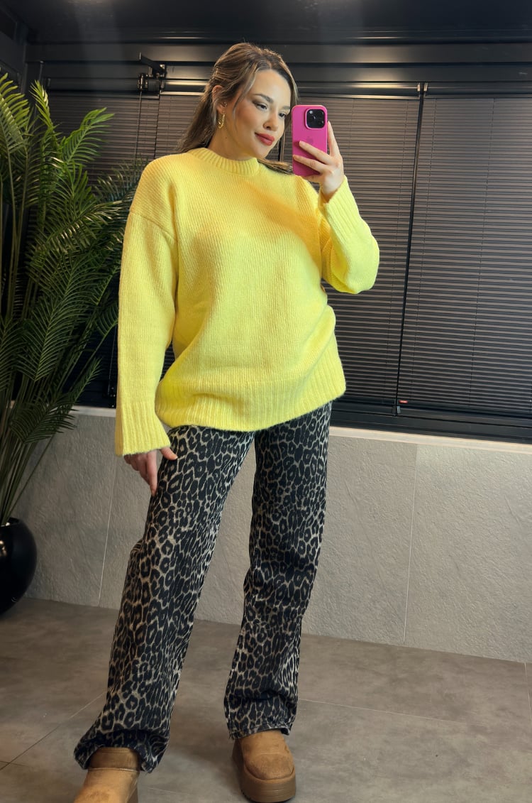 Sarı Oversize Bisiklet Yaka Yumoş Uzun Kazak