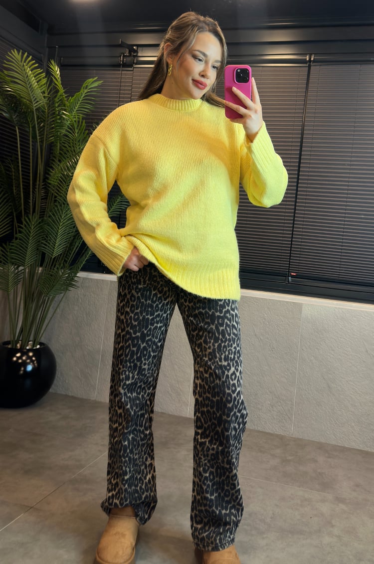 Sarı Oversize Bisiklet Yaka Yumoş Uzun Kazak