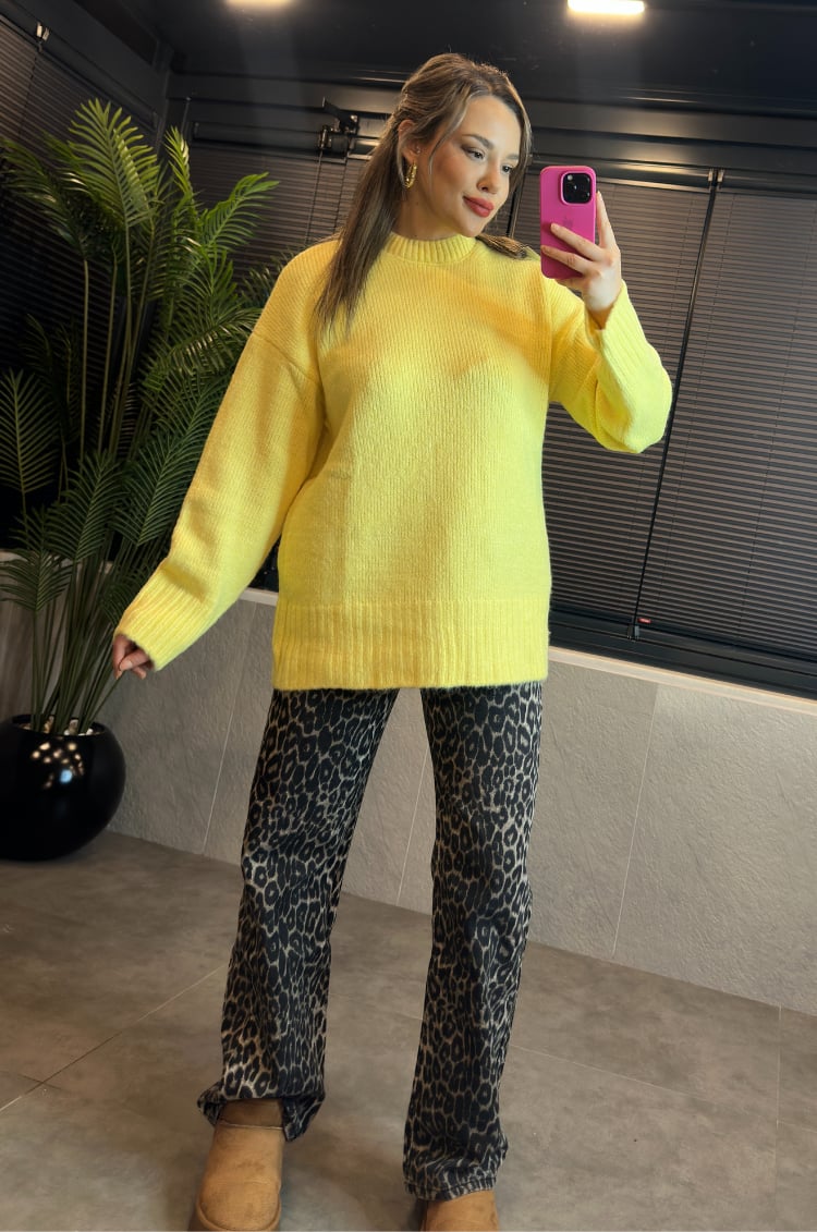 Sarı Oversize Bisiklet Yaka Yumoş Uzun Kazak