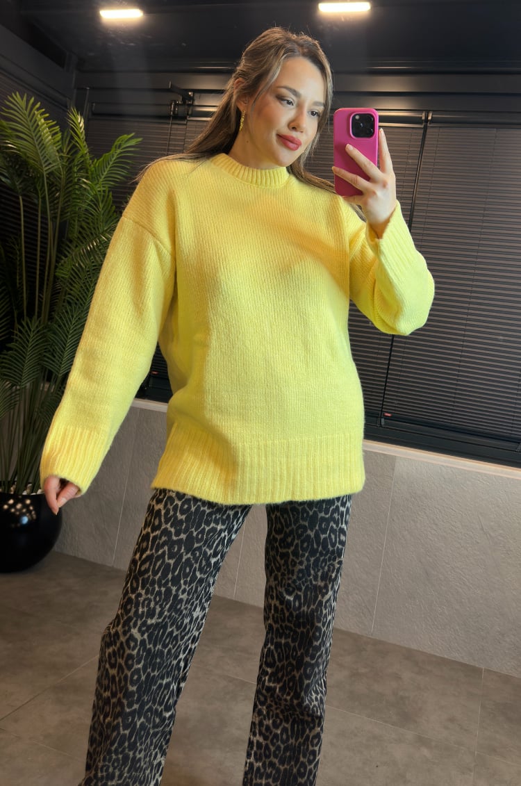 Sarı Oversize Bisiklet Yaka Yumoş Uzun Kazak