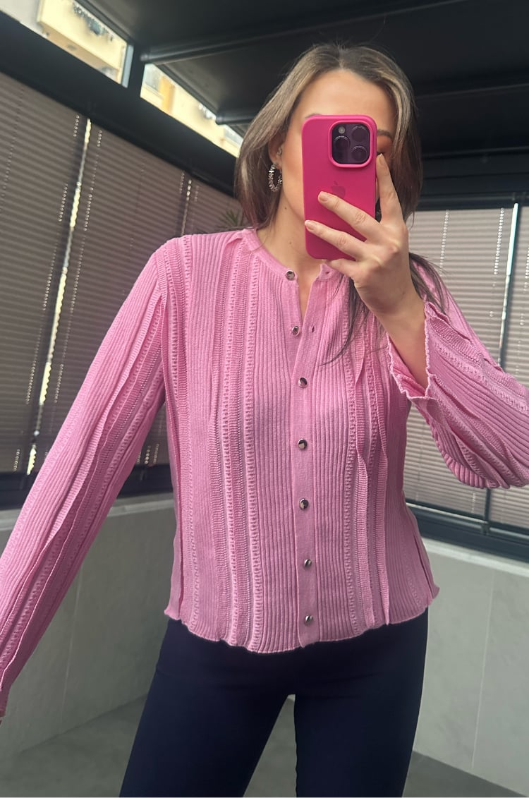 Simli İnce Dokuma Detaylı Koyu Pembe Triko Hırka