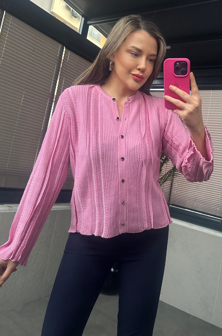 Simli İnce Dokuma Detaylı Koyu Pembe Triko Hırka