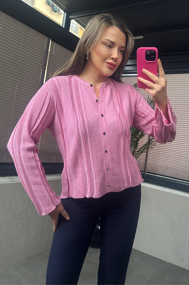 Simli İnce Dokuma Detaylı Koyu Pembe Triko Hırka