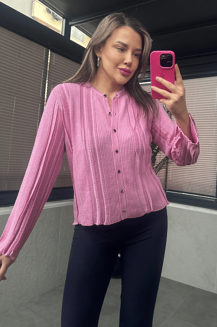 Simli İnce Dokuma Detaylı Koyu Pembe Triko Hırka