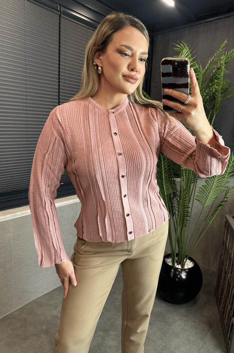 Simli İnce Dokuma Detaylı Pembe Triko Hırka