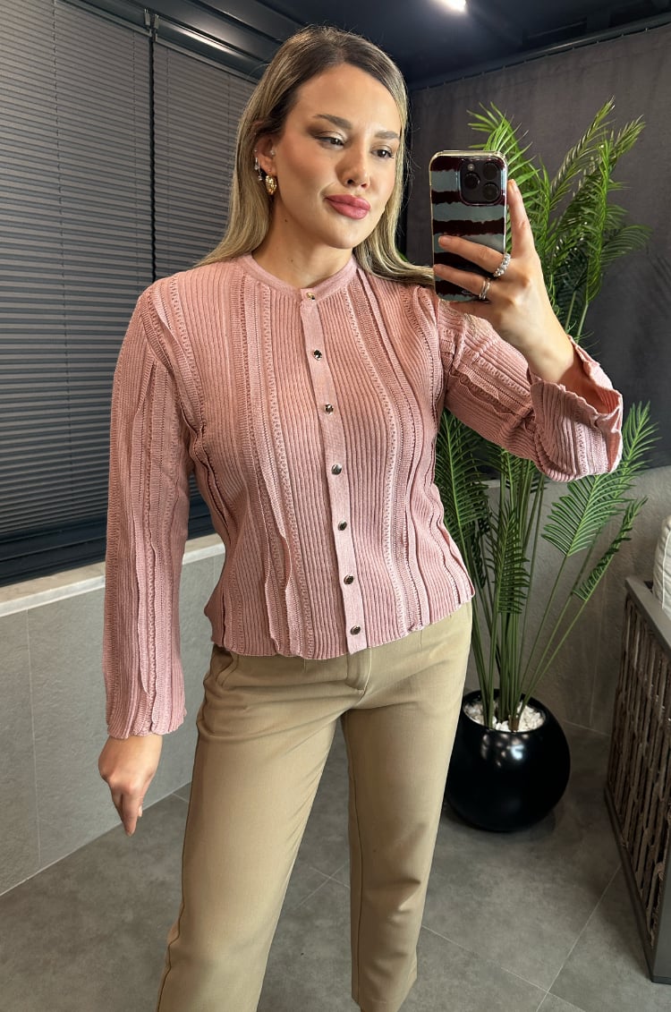 Simli İnce Dokuma Detaylı Pembe Triko Hırka