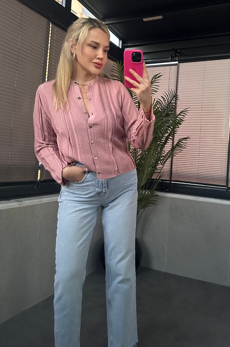 Simli İnce Dokuma Detaylı Pembe Triko Hırka