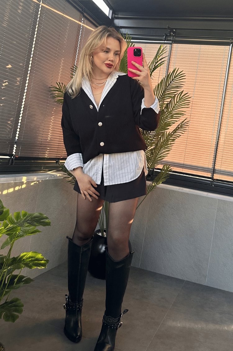 Siyah Fitilli Oversize Basic Örme Hırka