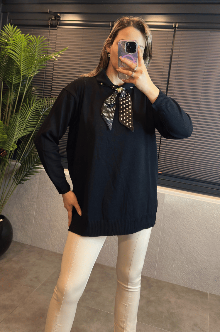 Siyah Fularlı Oversize Merserize Kazak