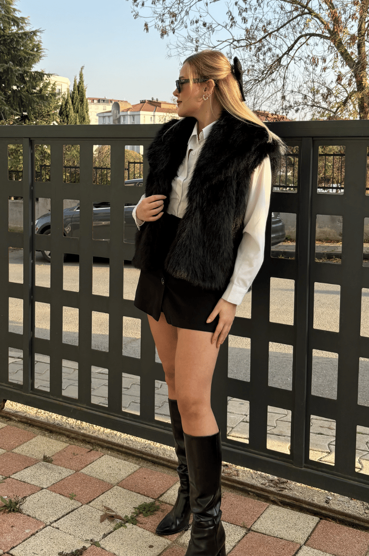 Siyah Premium Suni Kürk Yelek