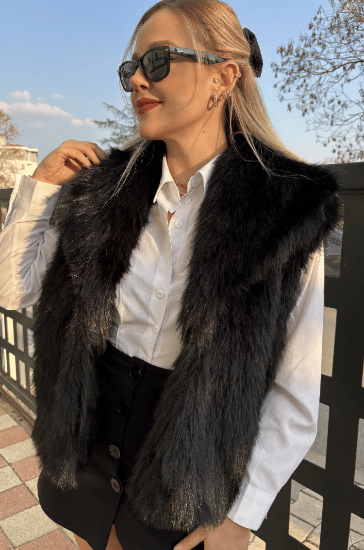 Siyah Premium Suni Kürk Yelek