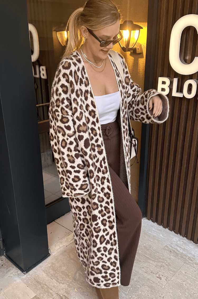 Winter Ekru Leopar Maxi Hırka