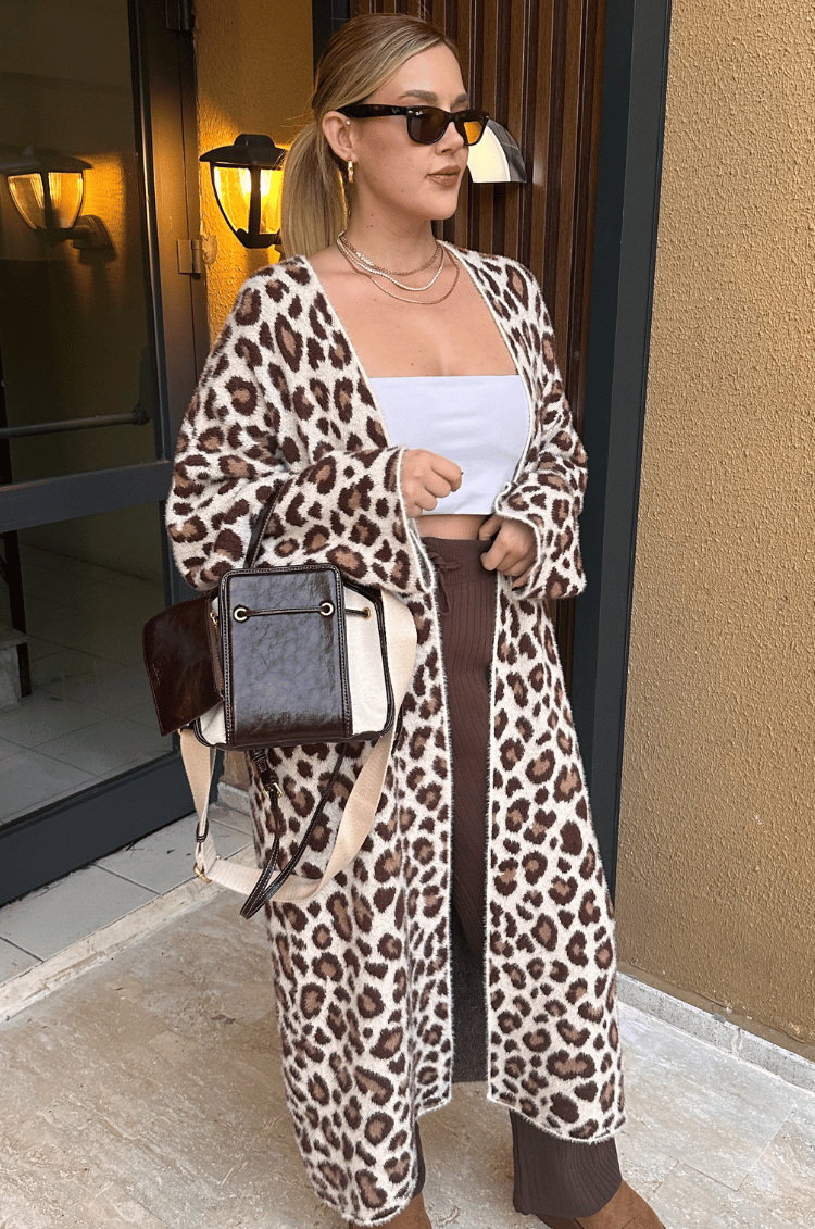 Winter Ekru Leopar Maxi Hırka
