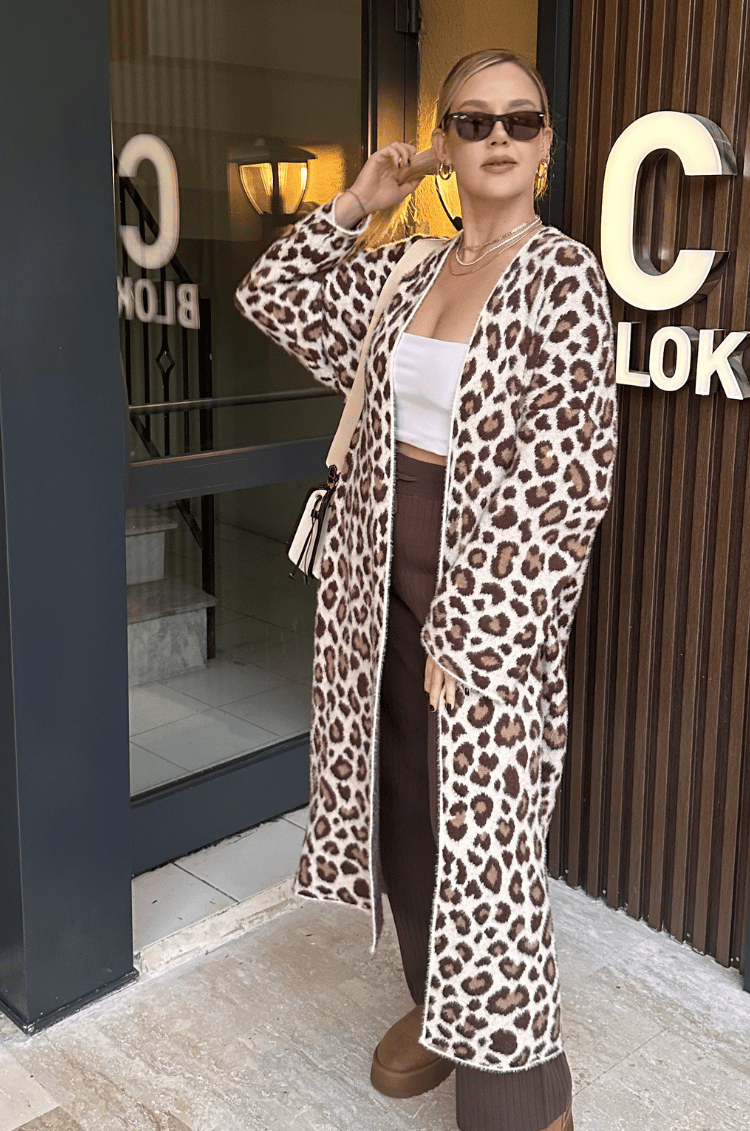 Winter Ekru Leopar Maxi Hırka