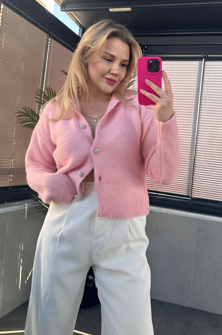 Yaka Detaylı Gümüş Taş Düğmeli Pembe Hırka
