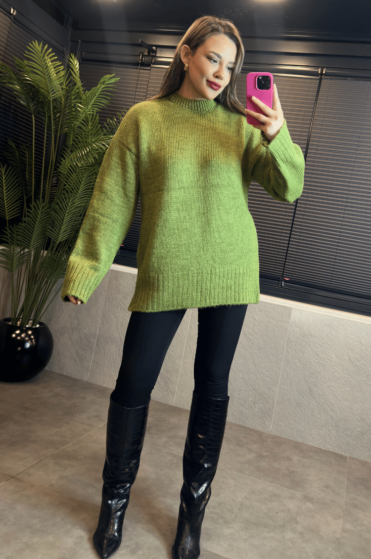Yeşil Oversize Bisiklet Yaka Yumoş Uzun Kazak