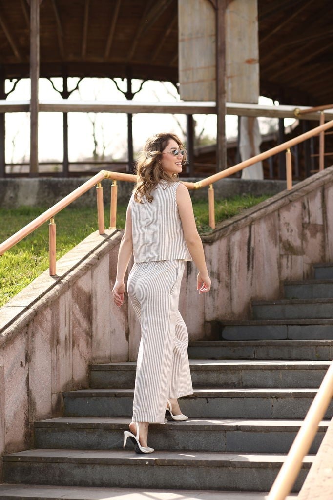Jovina Çizgili Takım Ekru