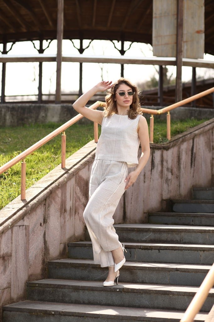 Jovina Çizgili Takım Ekru