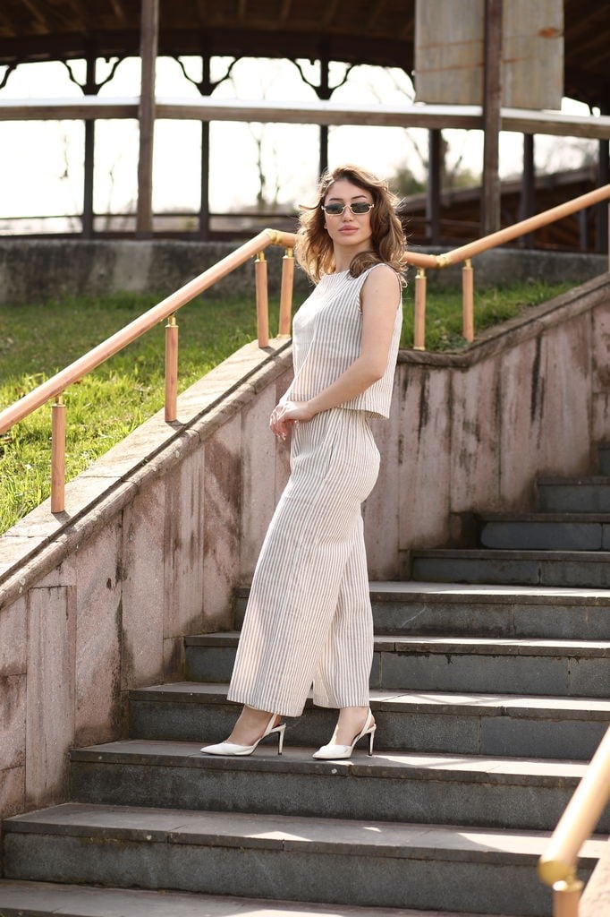 Jovina Çizgili Takım Ekru
