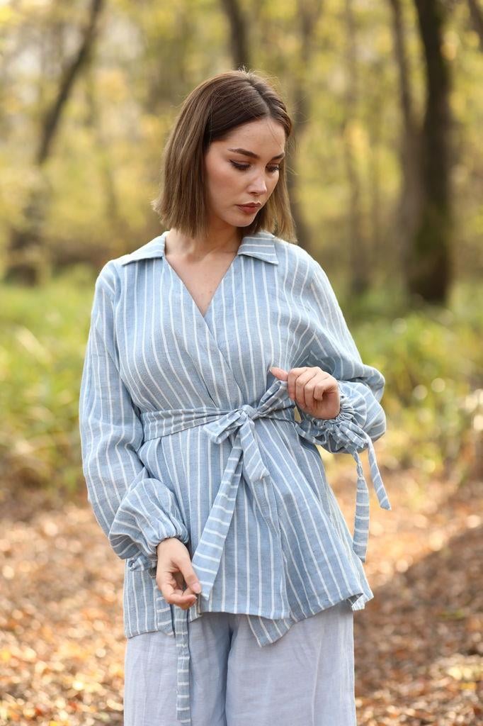 Yvanna Beli Kuşaklı Gömlekli Takım Bebe Mavisi