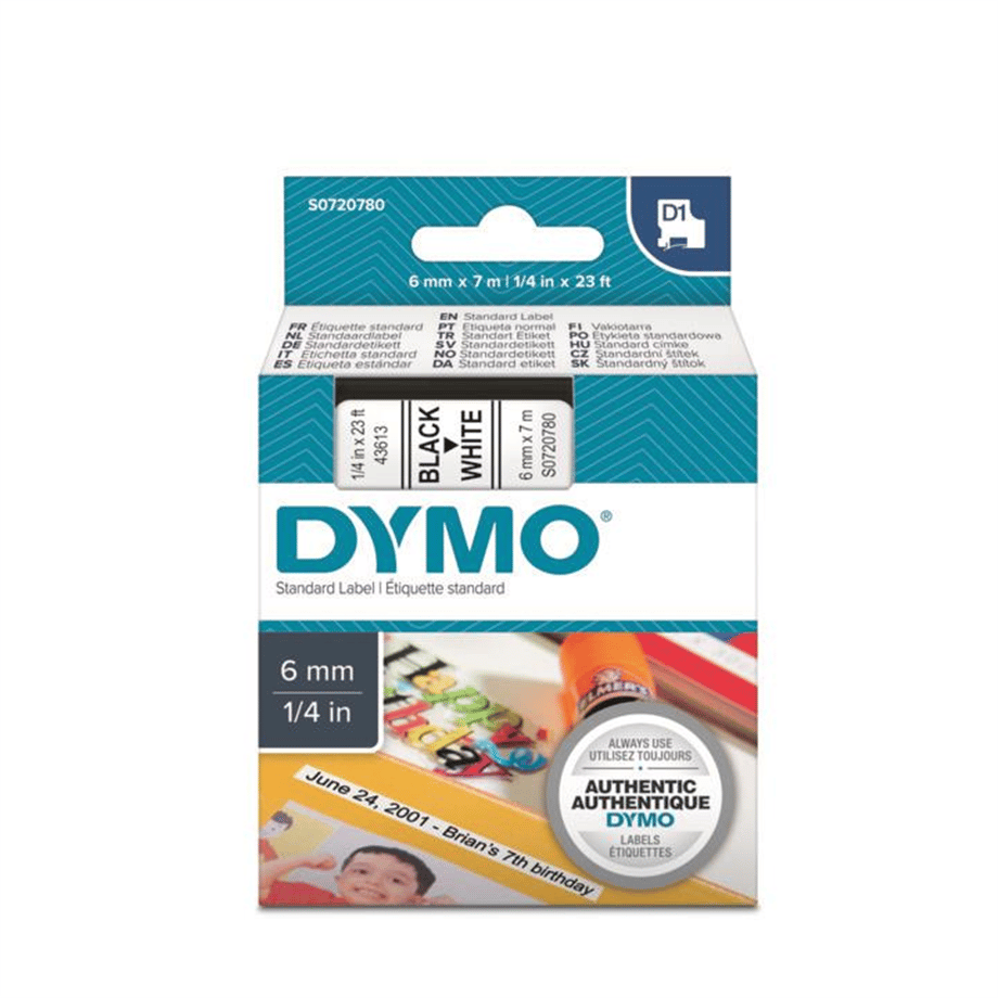 DYMO ŞERİT D1 6MMX7MT BEYAZ/SİYAH 720780 43613