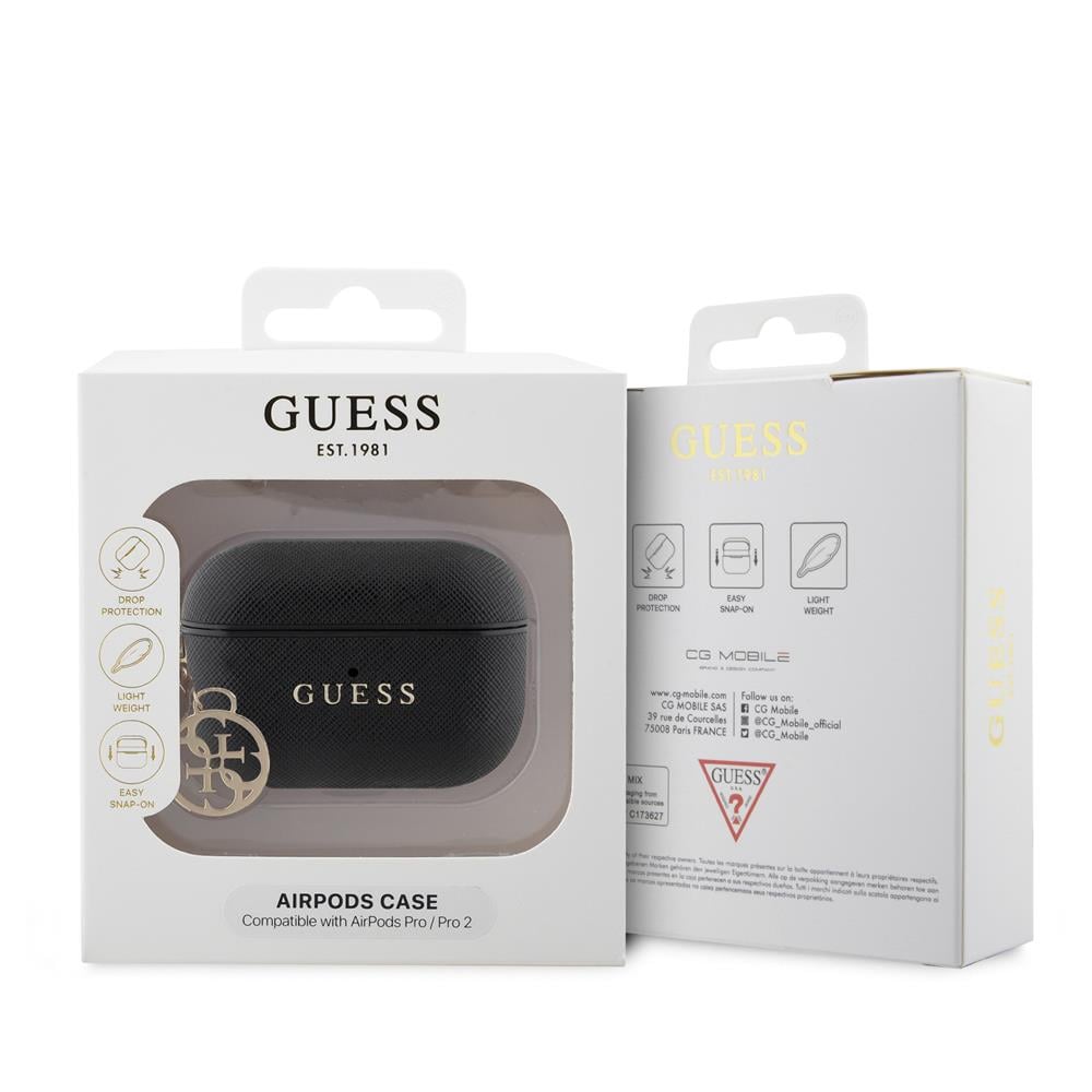 Apple Airpods Pro 2 Kılıf Guess Orjinal Lisanslı Dokulu 4G Yuvarlak Süs Zincirli Saffiano Kılıf