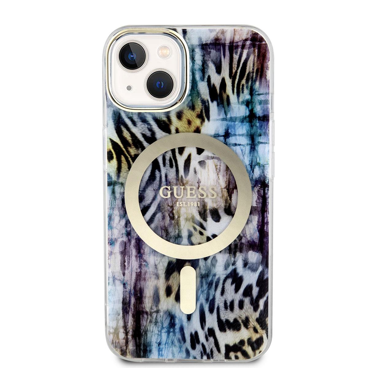 Apple iPhone 14 Kılıf GUESS M-safe Şarj Özellikli Leopar Desenli Kapak
