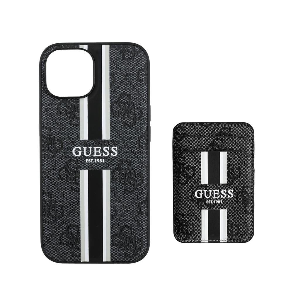 Apple iPhone 14 Kılıf Guess Orjinal Lisanslı M-safe Şarj Özellikli 4G Desenli Çizgili Kartlıklı Kapak