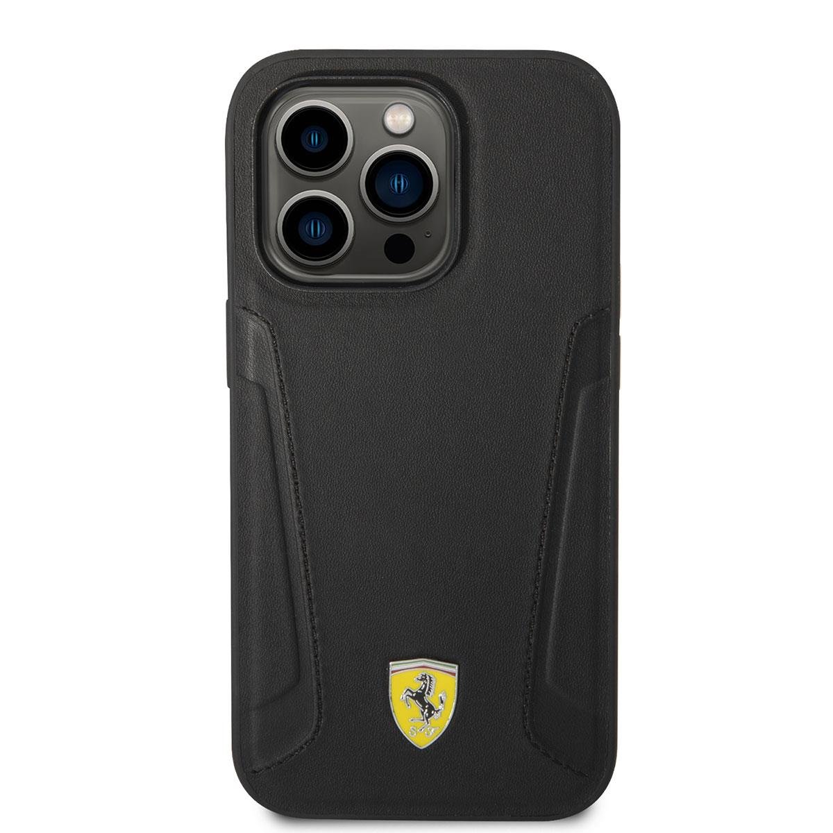 Apple iPhone 14 Pro Kılıf Ferrari M-safe Şarj Özellikli Deri Kenarları Damgalı Dizayn Kapak