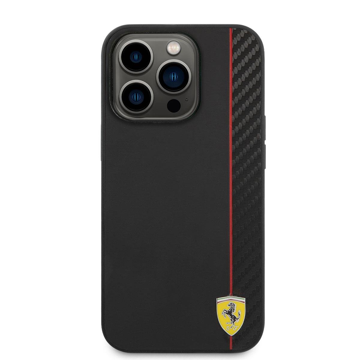 Apple iPhone 14 Pro Kılıf Ferrari M-safe Şarj Özellikli Pu Deri Ve Karbon Şeritli Dizayn Kapak