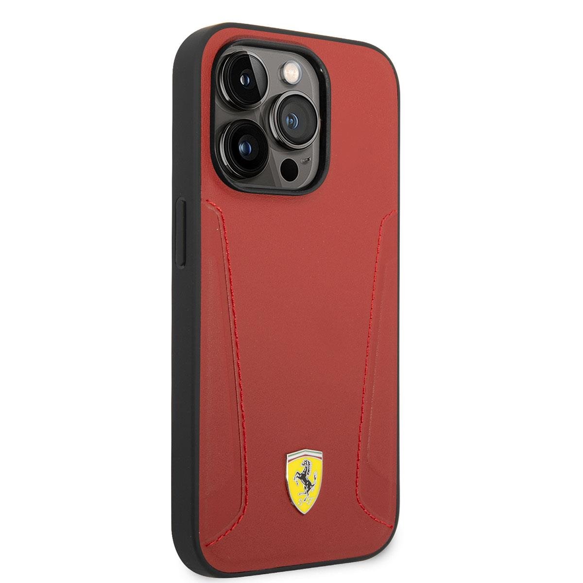 Apple iPhone 14 Pro Kılıf Ferrari M-safe Şarj Özellikli Deri Kenarları Damgalı Dizayn Kapak