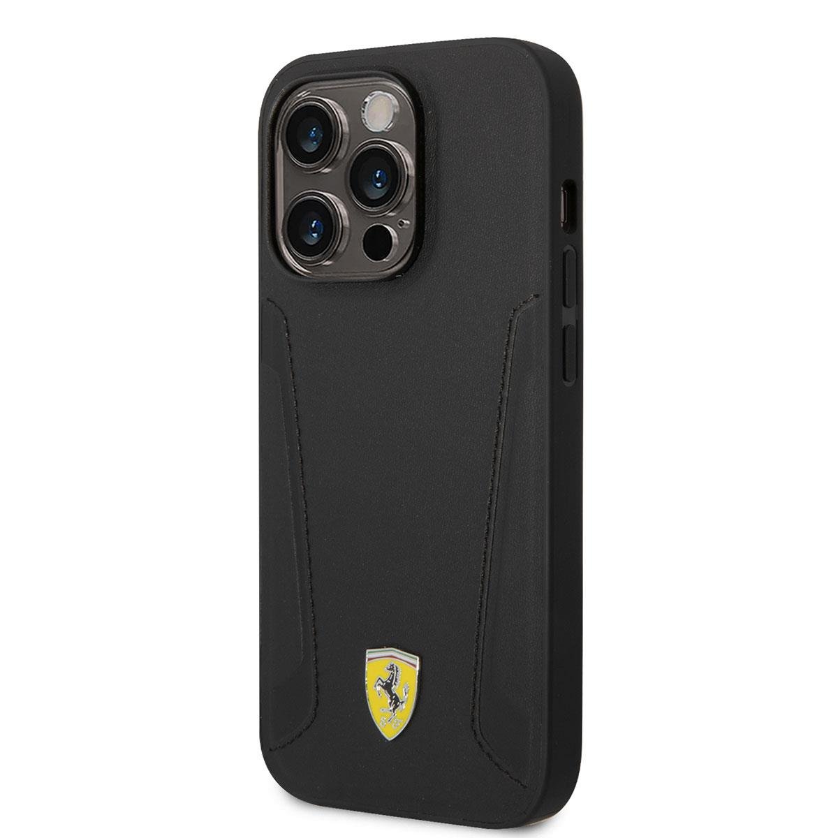 Apple iPhone 14 Pro Kılıf Ferrari M-safe Şarj Özellikli Deri Kenarları Damgalı Dizayn Kapak