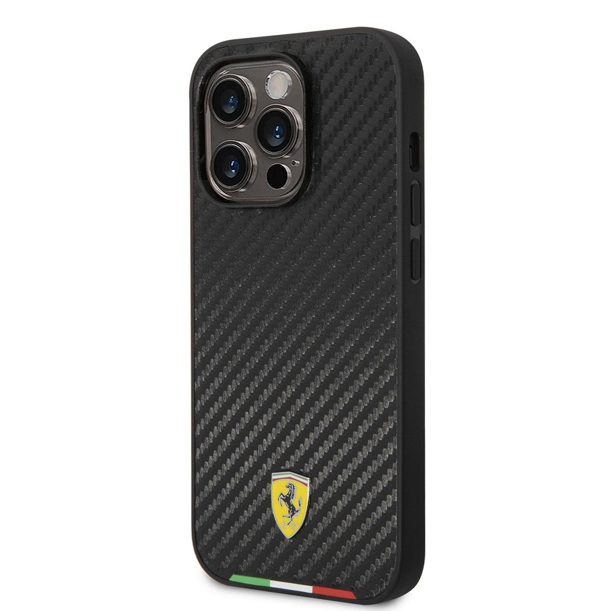 Apple iPhone 14 Pro Kılıf Ferrari M-safe Şarj Özellikli Karbon İtalyan Bayrak Dizayn Kapak