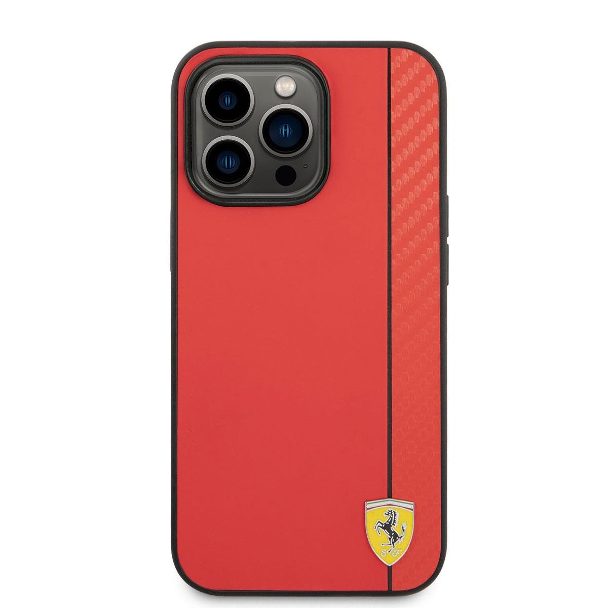 Apple iPhone 14 Pro Kılıf Ferrari M-safe Şarj Özellikli PU Deri Karbon Şeritli Dizayn Kapak