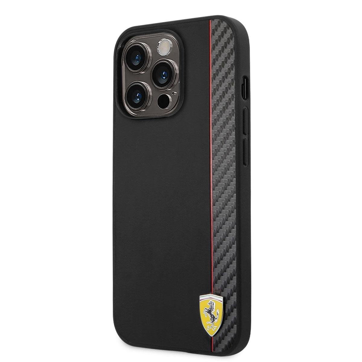 Apple iPhone 14 Pro Kılıf Ferrari M-safe Şarj Özellikli Pu Deri Ve Karbon Şeritli Dizayn Kapak