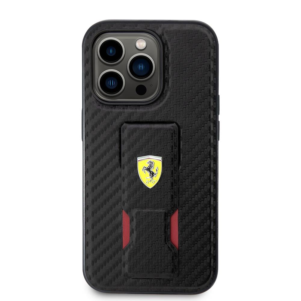 Apple iPhone 14 Pro Kılıf Ferrari Orjinal Lisanlı Klasik Metal Logolu Delikli Standlı Karbon Kapak