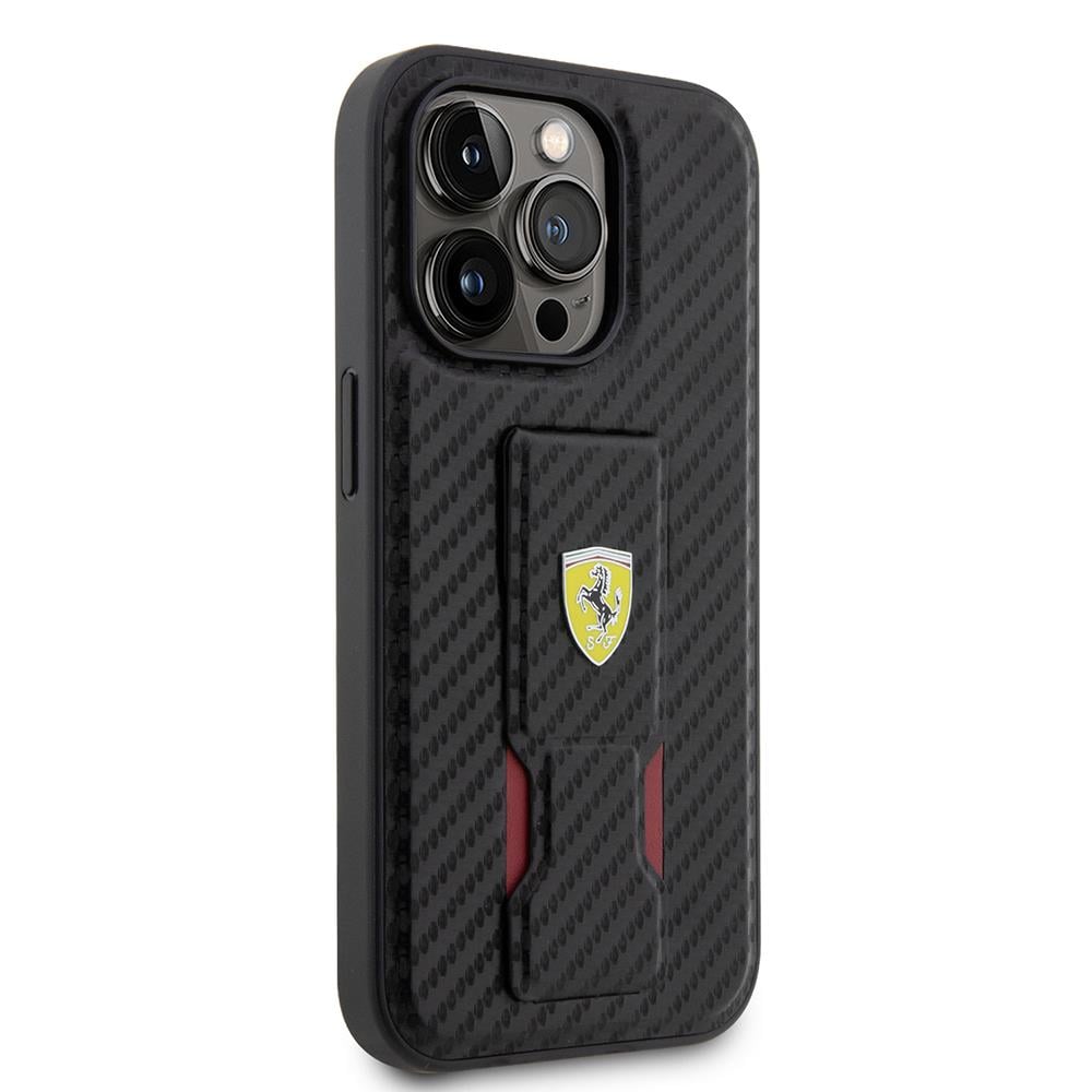 Apple iPhone 14 Pro Kılıf Ferrari Orjinal Lisanlı Klasik Metal Logolu Delikli Standlı Karbon Kapak
