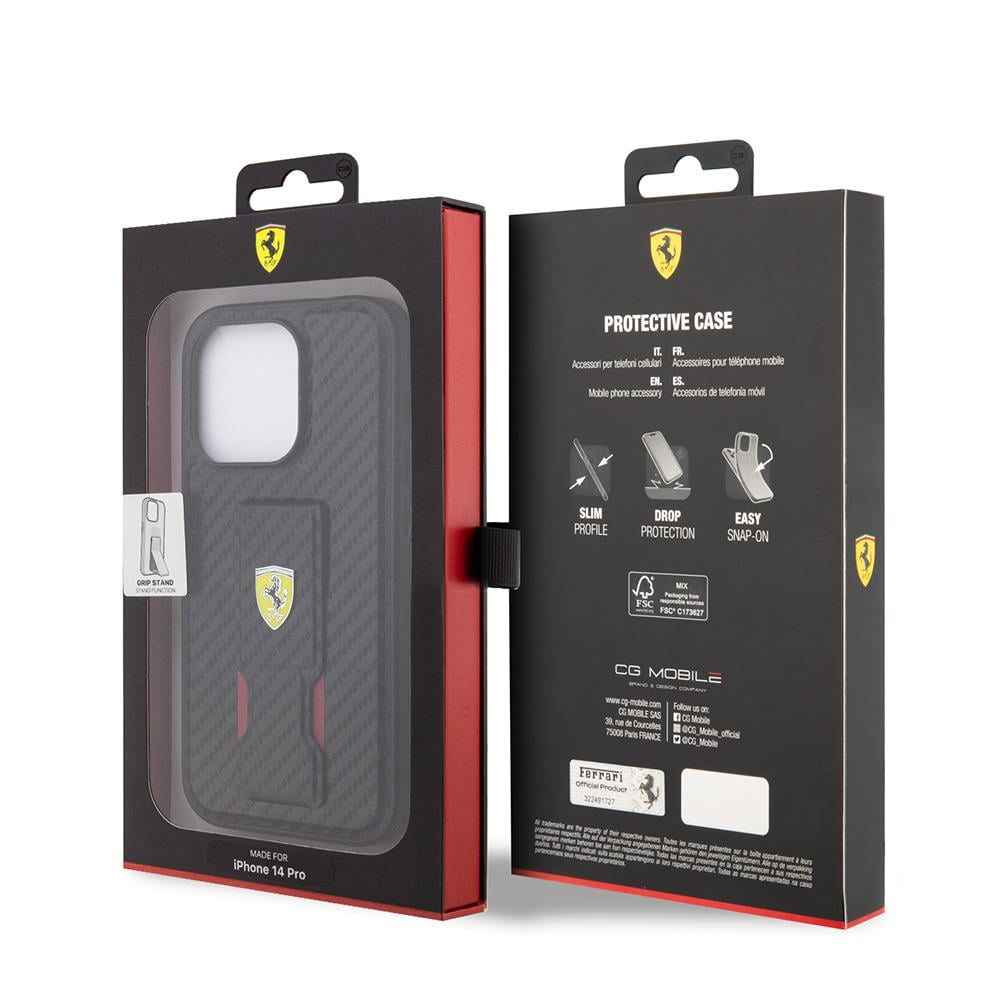 Apple iPhone 14 Pro Kılıf Ferrari Orjinal Lisanlı Klasik Metal Logolu Delikli Standlı Karbon Kapak
