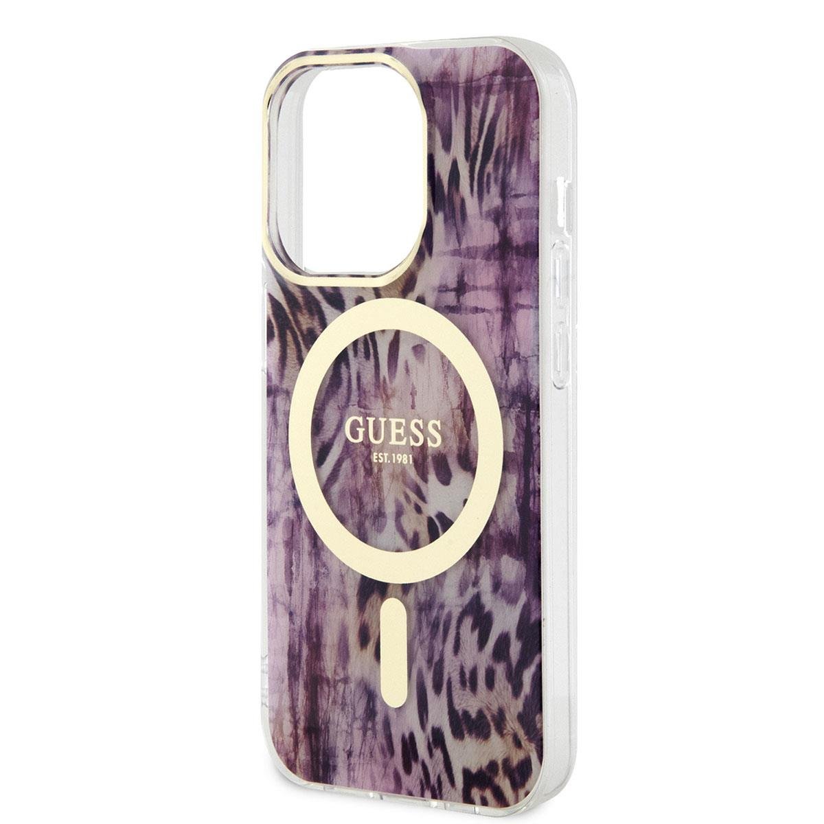 Apple iPhone 14 Pro Kılıf GUESS M-safe Şarj Özellikli Leopar Desenli Kapak