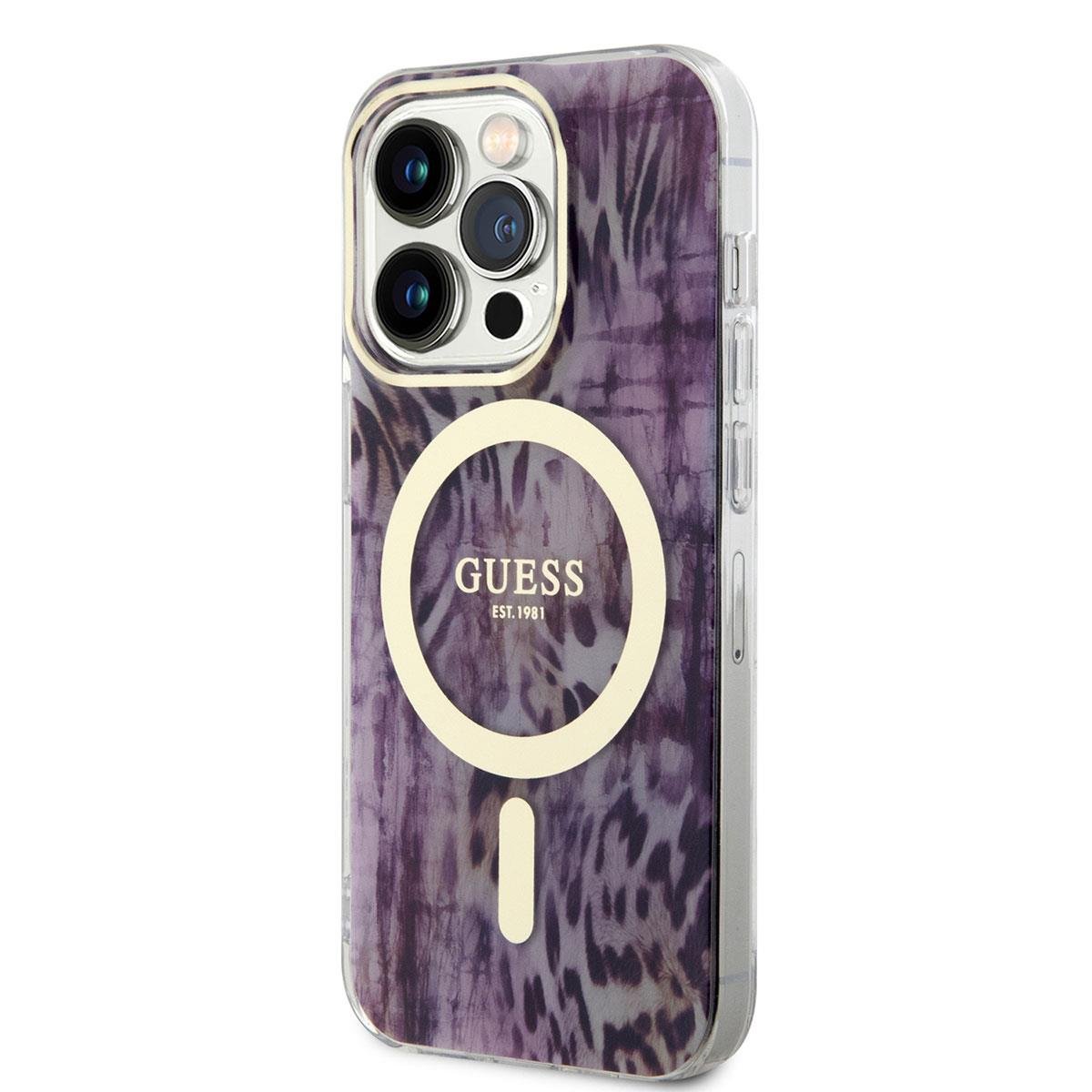 Apple iPhone 14 Pro Kılıf GUESS M-safe Şarj Özellikli Leopar Desenli Kapak