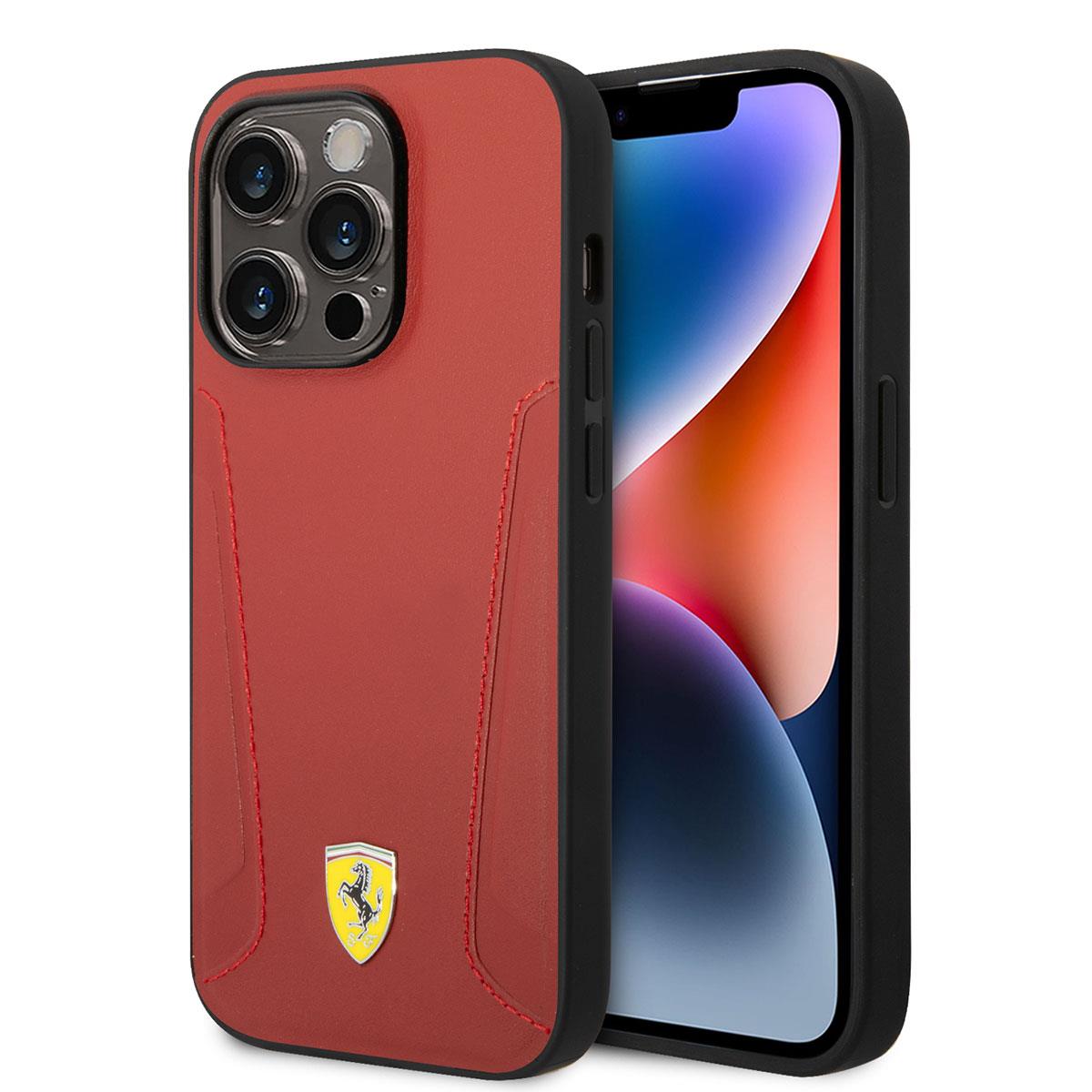 Apple iPhone 14 Pro Max Kılıf Ferrari M-safe Şarj Özellikli Deri Kenarları Damgalı Dizayn Kapak